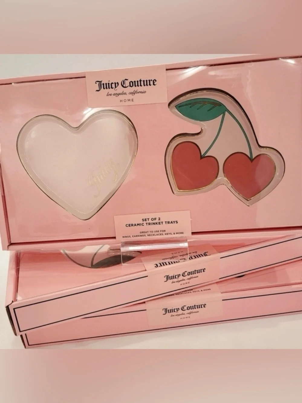 Juicy Couture Pink Cherry & Heart Ceramic Trinket Trays
